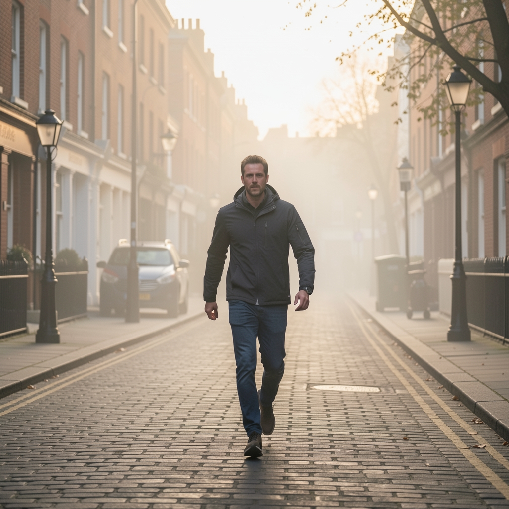 Active morning walk along a quiet London street at dawn, low mist and soft light, person in motion
